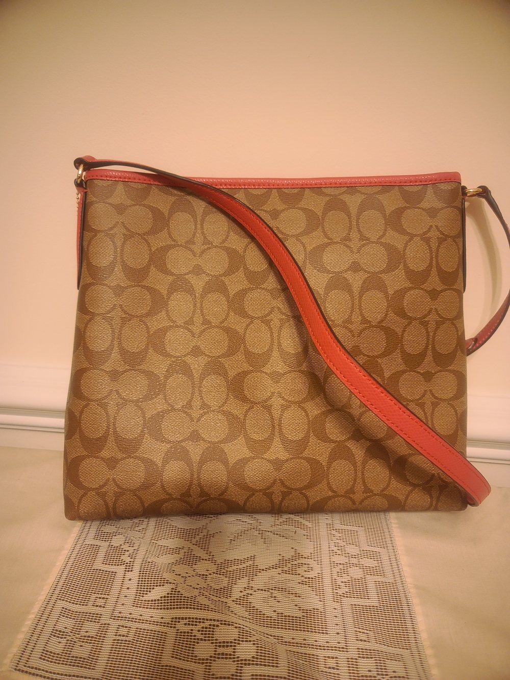 Coach Brown Signature Canvas Crossbody with Red Trim